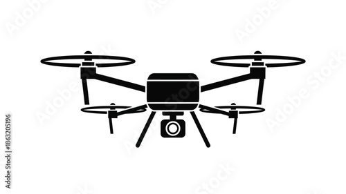 Simple black silhouette of a modern quadcopter drone with a camera isolated on white
