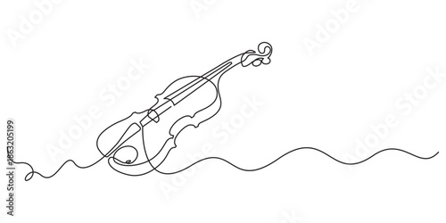 Violin continuous one line drawing, continuous one line drawing. Classic violin music instrument single line art illustration, for orchestra and concert banner in simple linear style. Editable stroke.