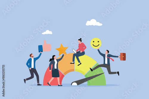 Employee engagement, business people employee with stars and happy reward, productivity or employee recognition, commitment or motivation to success with company, staff dedication or job satisfaction.