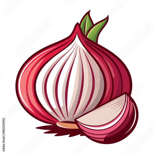 Flat vector illustration of a red onion with one half cut open, clean lines, bright colors