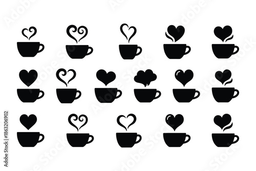 Coffee cup heart steam silhouette icons vector set, hot drink love symbols, cafe beverage shapes, minimal black illustration collection