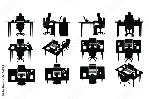 Office desk worker silhouette vector set, business people working at computer, top side views, workplace illustration collection