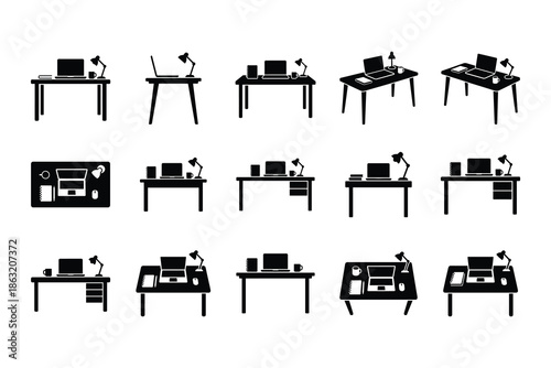Office desk workspace silhouette vector set, laptop table lamp coffee accessories, modern home office furniture icons, black minimal illustration