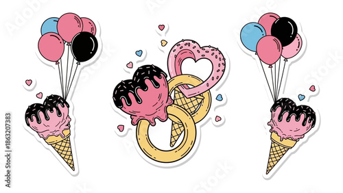 Sweet Celebration: Whimsical ice cream cones with heart-shaped toppings and balloons floating in a delightful arrangement, complemented by ring and tiny heart confetti