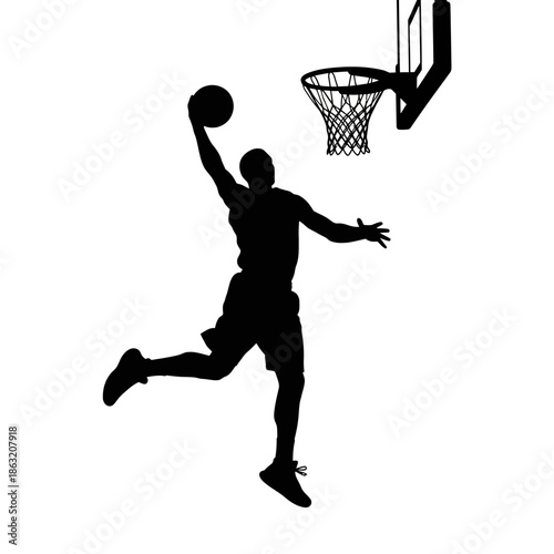 Dynamic basketball player in mid-air dunking into hoop with skill