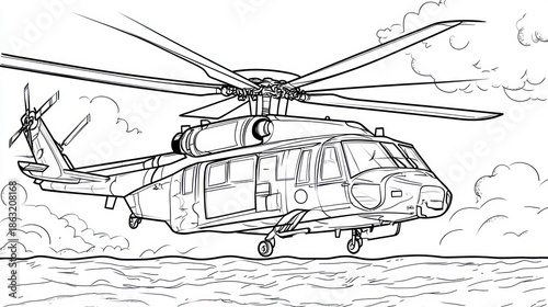 Military helicopter in flight over water, coloring book image
