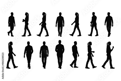 Walking people silhouette vector set, male and female human figures, motion poses, black shadow characters illustration collection