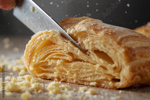 Macro shot of precision cutting of puff pastry with crumbs flying out. Soft light, focus on texture.