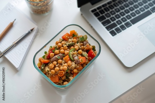 Gluten-free meal for office: glass container with roasted vegetables and chickpeas. Natural light, healthy lifestyle concept