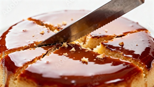A knife gently cracking a perfectly glossy glaze on a dessert