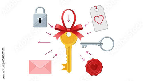 Key to Heart: A symbolic composition of a key, padlock, message, and love, with a red bow. It invites viewers to explore the emotional connection and secrets