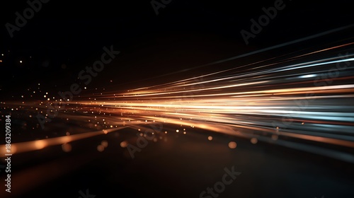 Dynamic, abstract streaks of light and particle effects against a dark, blurred background