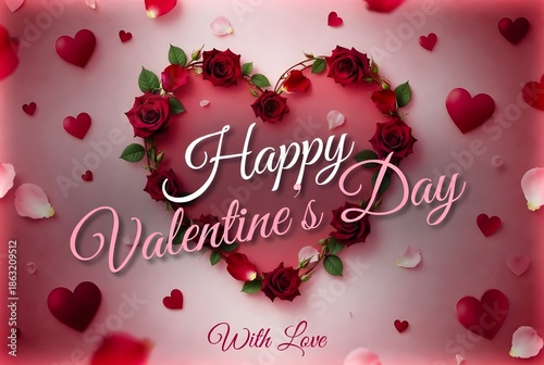 festive "Happy Valentine's Day" message framed by a heart made of red roses.