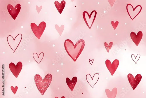 An artistic watercolor wash background scattered with red and pink heart silhouettes.