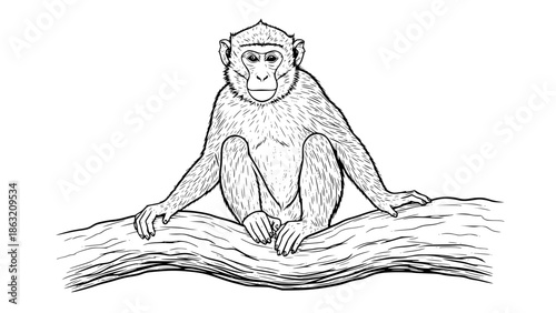 Monkey sitting on a tree branch, realistic vector illustration, detailed fur, natural anatomy, tropical wildlife animal, isolated on white background, clean lines, high detail, professional stock vect