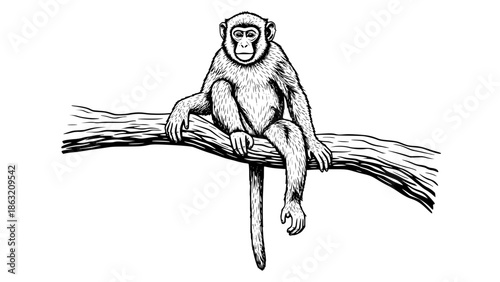 Monkey sitting on a tree branch, realistic vector illustration, detailed fur, natural anatomy, tropical wildlife animal, isolated on white background, clean lines, high detail, professional stock vect