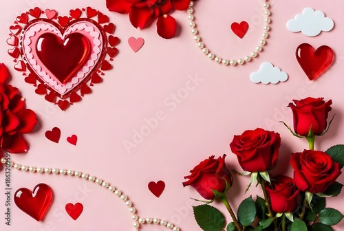 A beautiful pink flat lay composition with red roses, pearl necklaces, and glass hearts.