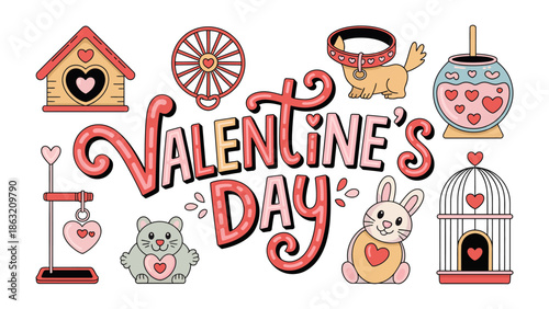 Valentine's Day Collection: A delightful collection of themed illustrations, showcasing elements of love and affection. Featuring hearts, animals, and decorative objects.