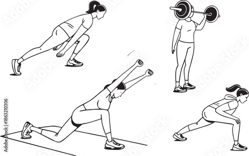 Line art illustrations of women performing various weightlifting and stretching exercises