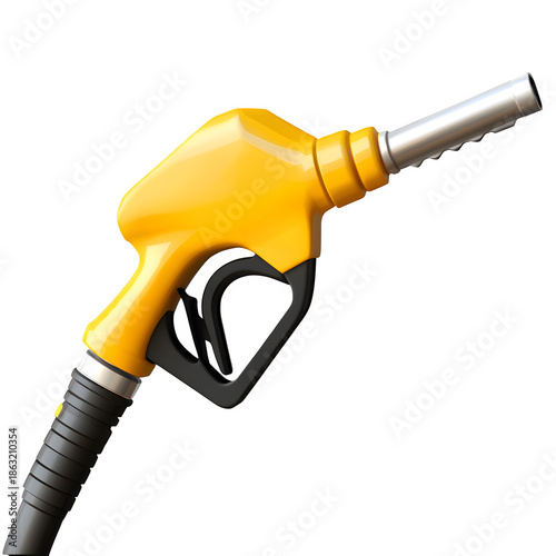 Yellow Fuel Pump Nozzle with Metallic Spout, Black Handle, and Trigger Mechanism on White Background