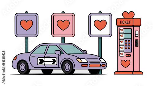 Love Parking: A symbolic illustration features a purple car with an arrow, love parking signs, and a vending machine, evoking themes of affection and connection.