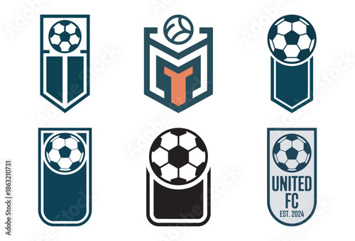 Set of six modern soccer emblem designs featuring shields and footballs for sports branding