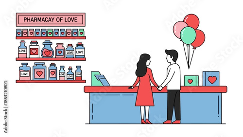 A Pharmacy of Love: A heartwarming scene where a couple holds hands, embraced by an imaginative pharmacy setting, symbolizing love and care, surrounded by Valentine's elements.