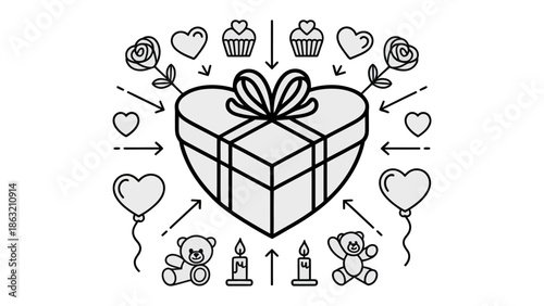 Gift of Love: The monochrome artwork encapsulates a delightful array of romantic symbols, centered around a heart-shaped gift box. The image is filled with heartfelt tokens. 
