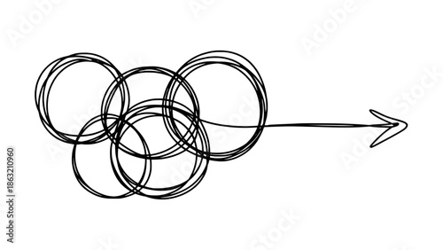 Hand-drawn scribble cluster of overlapping circles with a rightward arrow, minimalist motion graphic representing progress, direction, and momentum