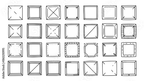 Set of hand-drawn square frame icons with varied inner diagonals, dashed lines, and decorative borders in black outline vector drawings on white background