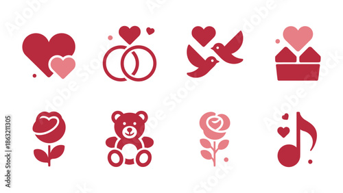 Romance Icons: A collection of symbols of love, from a heart to a teddy bear and engagement rings, all in harmonious arrangement of valentines theme.