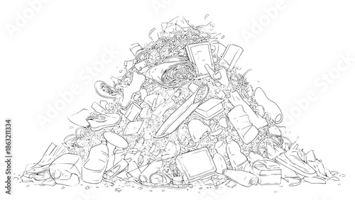 Detailed outline vector illustration of pile of trash with bottles, boxes and wrappers, front view line art on white background showing waste