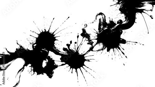 Abstract black ink splatters on white background forming a diagonal blot pattern with trailing drips and splashes, high contrast vector style