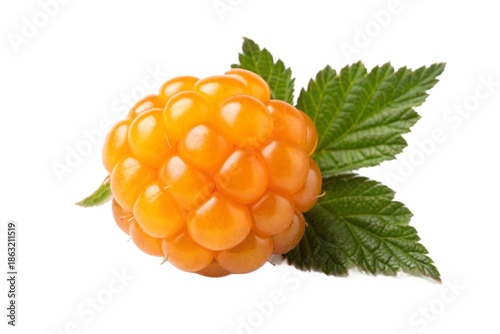 Single golden raspberry with leaf isolated on white background