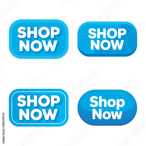 Four different variations of blue 'shop now' call to action buttons for online shopping