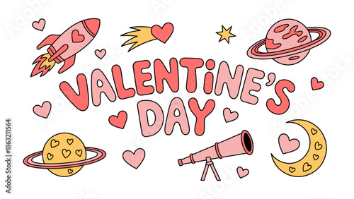 Cosmic Valentine: A whimsical illustration showcases the message of love and romance, featuring a space-themed with rocket and stars, hearts and other objects of love