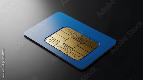 Blue sim card with gold chip on black background