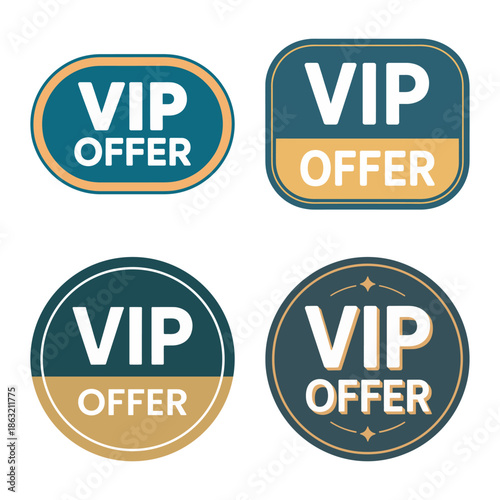 Collection of vip offer badges with different shapes for special promotions and membership deals