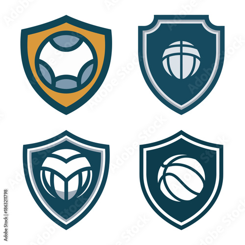 Collection of sports emblem logos featuring various balls inside shield shapes