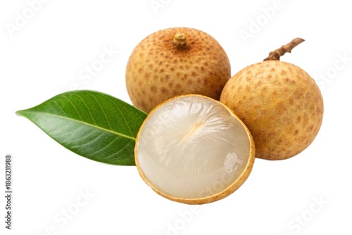 Fresh longan fruits with one cut open isolated on white background