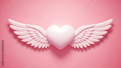 Happy valentine's day wishes with angelic white heart wings on pink background