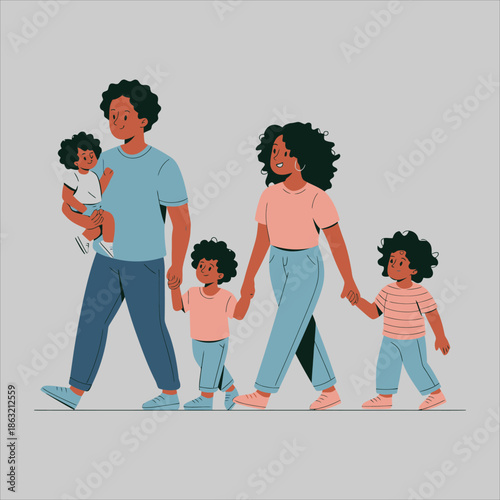 A joyful diverse family of five, featuring parents and three young children, walks happily together