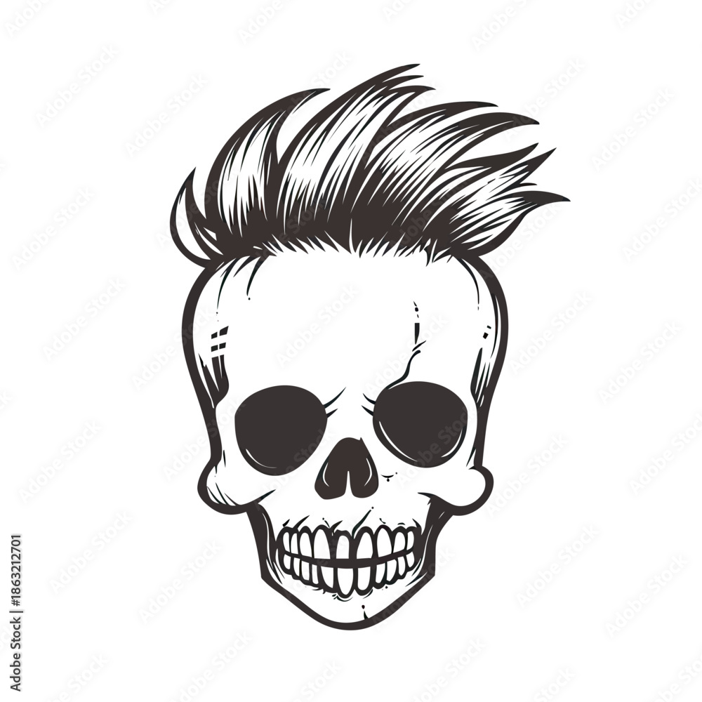 Fototapeta premium Hand drawn skull with mohawk hairstyle punk rock style detailed black and white line art illustration isolated on white background vector design