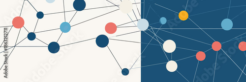 Abstract network connection design with colorful nodes and lines on split blue and white background for technology and communication concept illustration