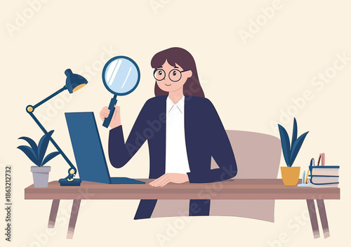 Female office worker holding magnifying glass inspecting laptop screen at desk with lamp plants books in flat minimalist style vector illustration