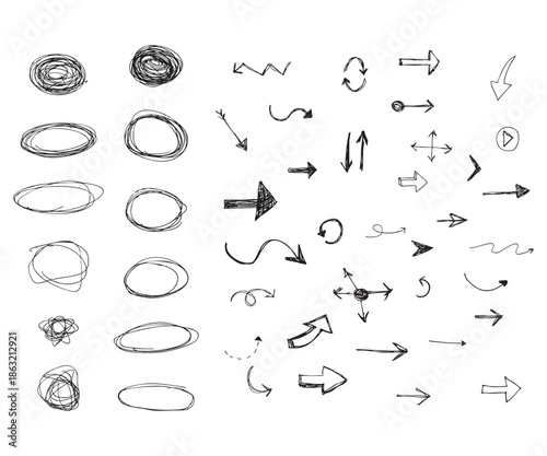 Collection of hand drawn sketchy arrows and circular doodle symbols
