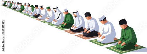 Illustration of a diverse group of men in traditional Islamic attire praying in a line on green mats with a plain white background.