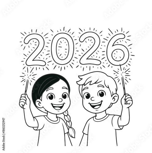 Two children celebrating New Year's with sparklers forming the year 2026