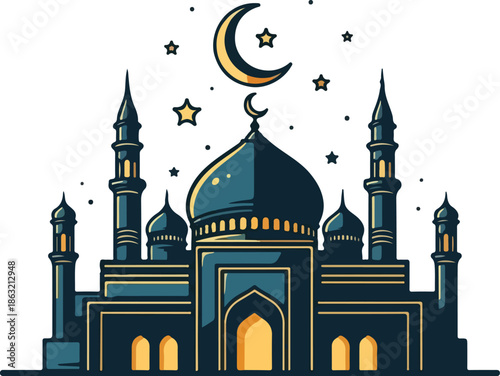 Illustration of a mosque with a crescent moon and stars on a white background, featuring a blue and gold color scheme.