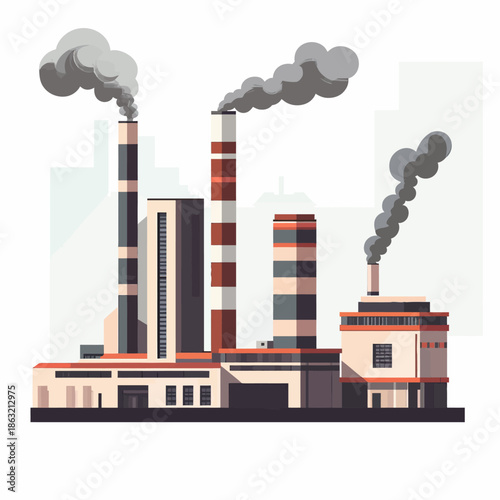 Industrial factory complex with tall smokestacks emitting thick smoke pollution, urban power plant buildings in flat minimalist vector style for environmental concept design